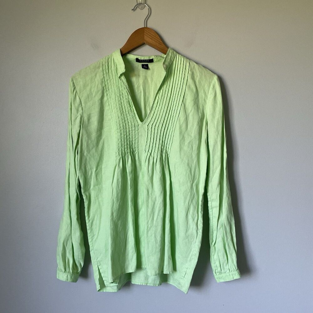 Chaps 100% Linen Blouse Top Long Sleeve Light Lime Green Women's Size Small